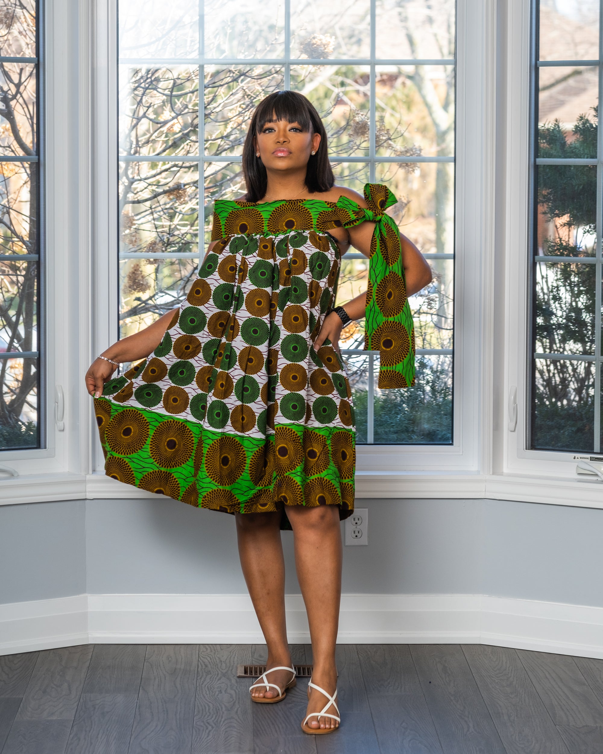 SEMI AFRICAN PRINT OFF-SHOULDER UMBRELLA DRESS